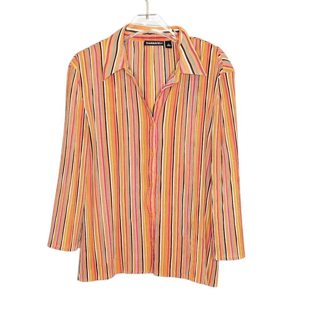 Vintage Y2K Multicolor Striped Mini Pleated Button Up Shirt Collared 3/4 Sleeve